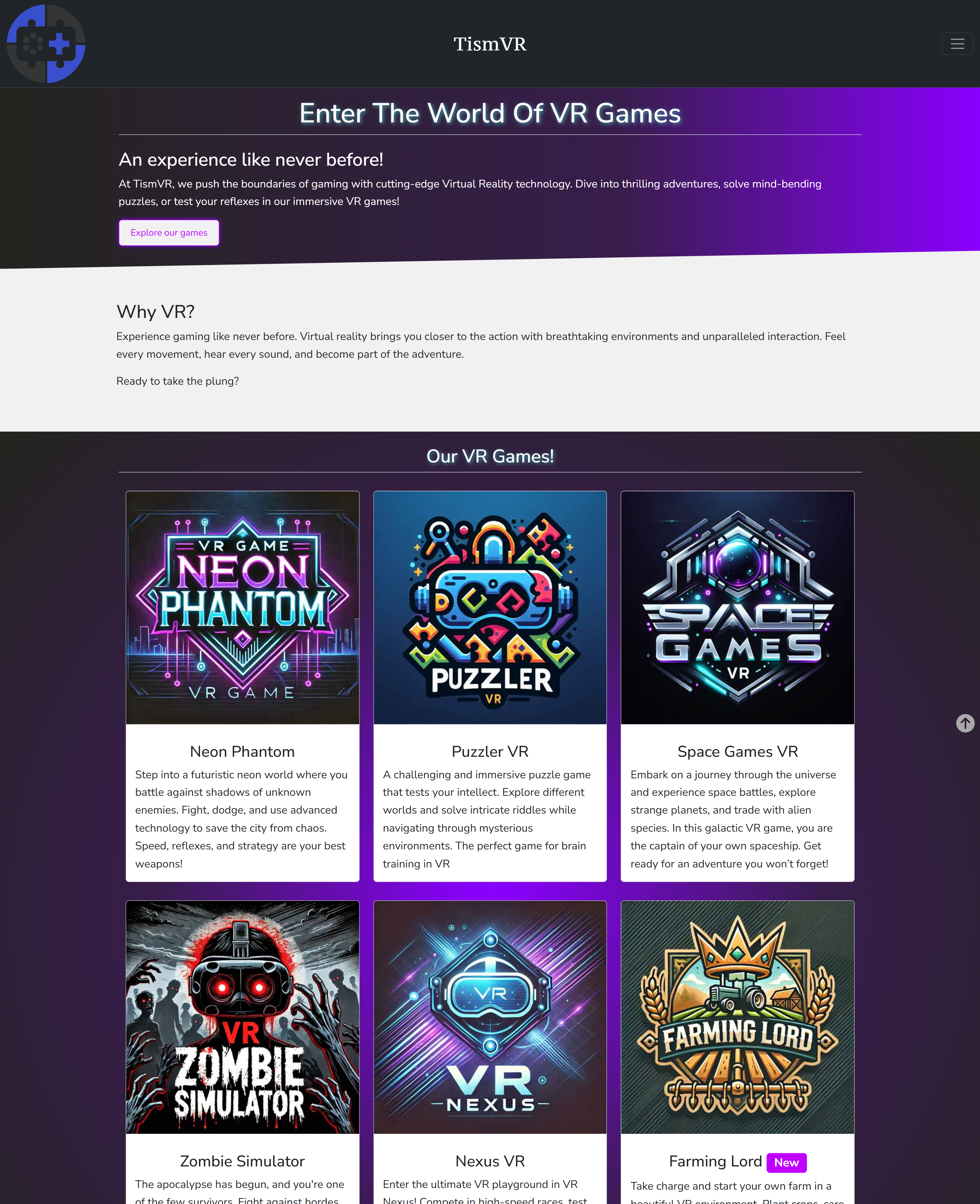 Screenshot van de vr-games pagina van TismVR
